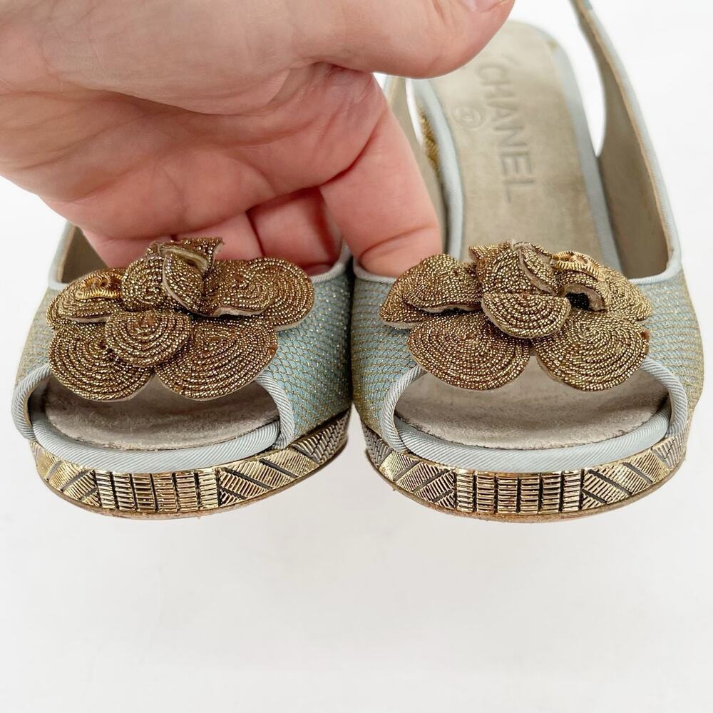 Chanel Cruise 2013 Metallic Gold Teal Satin Camellia Flower Slingback Heels 36C - Picture 5 of 13